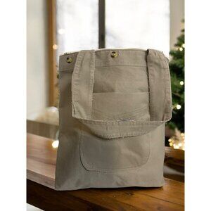 Womens Canvas Tote Bag Beige Green Liner & Snap Closure Upcycled Sustainable